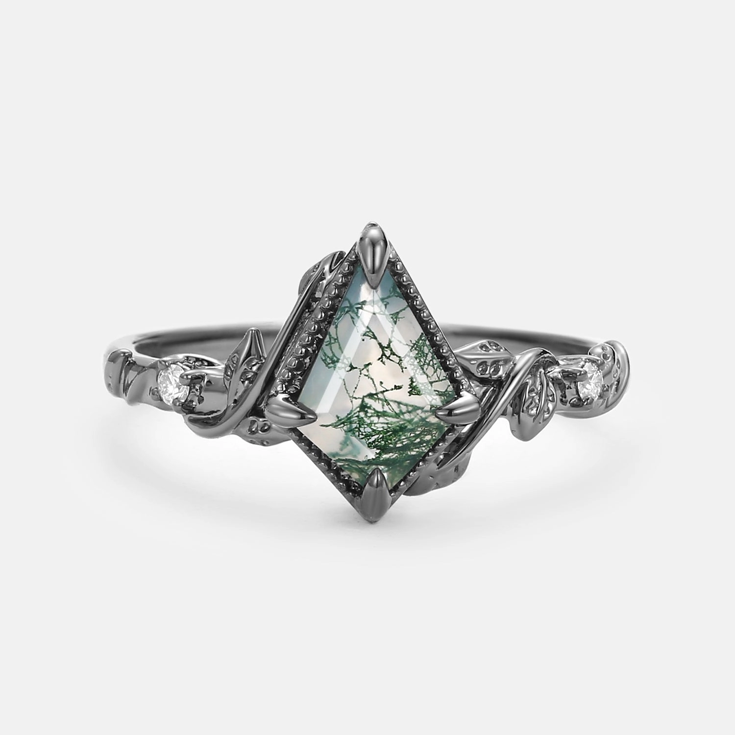 Graceful Form Leafy Kite Cut Moss Agate & Moissanite Engagement Ring