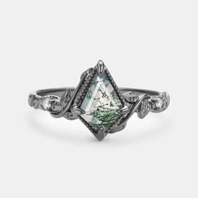 Graceful Form Leafy Kite Cut Moss Agate & Moissanite Engagement Ring
