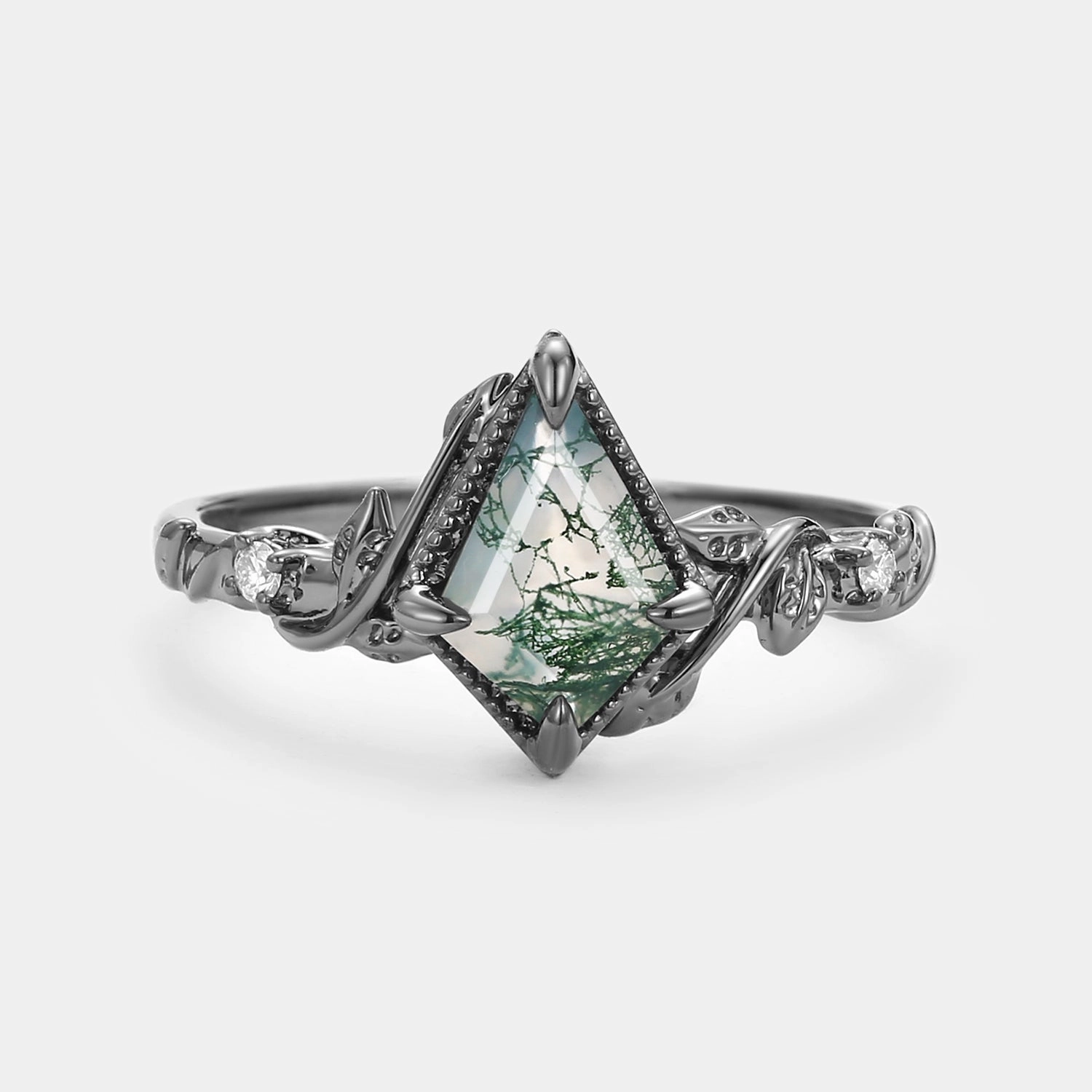 Leafy Kite Cut Moss Agate & Moissanite Engagement Ring Lustrous Finish