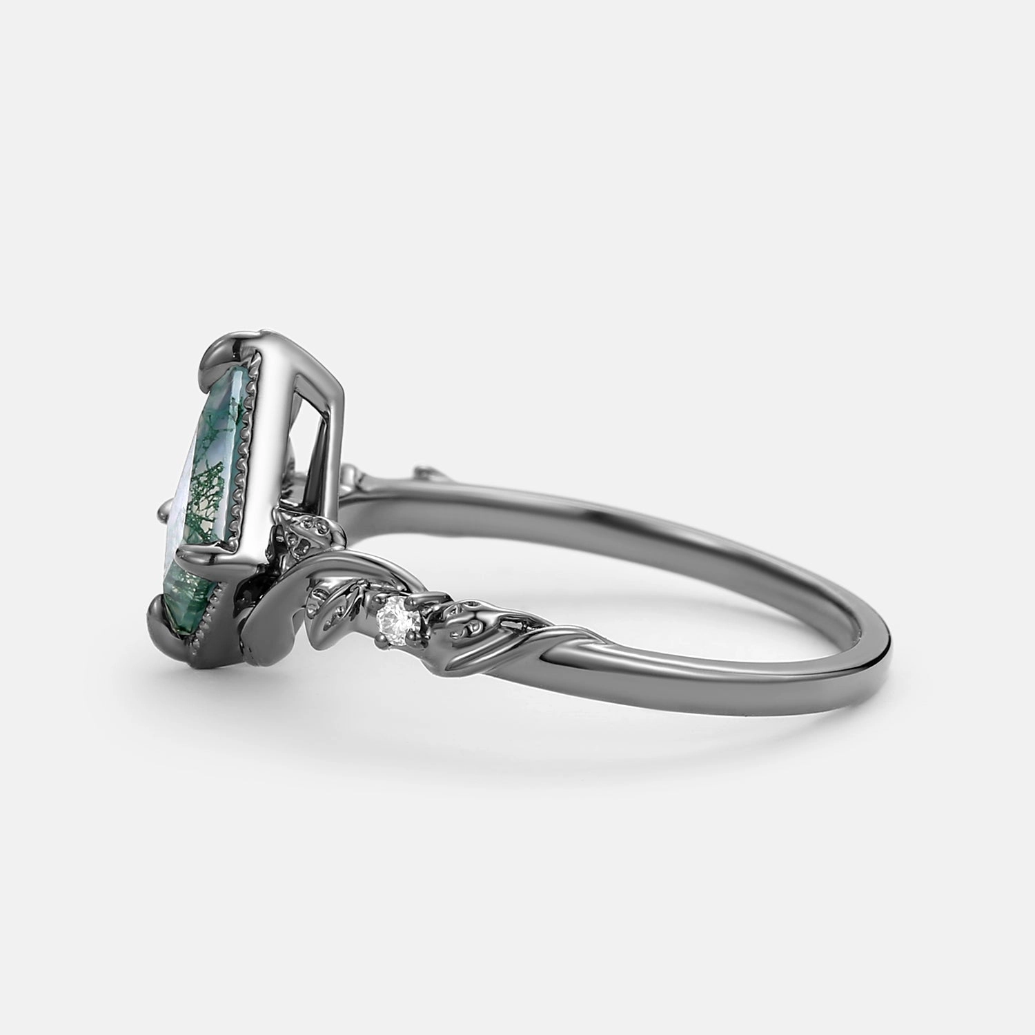 Leafy Kite Cut Moss Agate & Moissanite Engagement Ring Modern Style