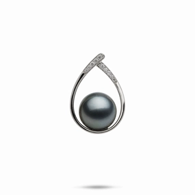 Teardrop Tahitian Black Pearl Pendant in White Gold with Diamonds - 10-11mm Spark Touch