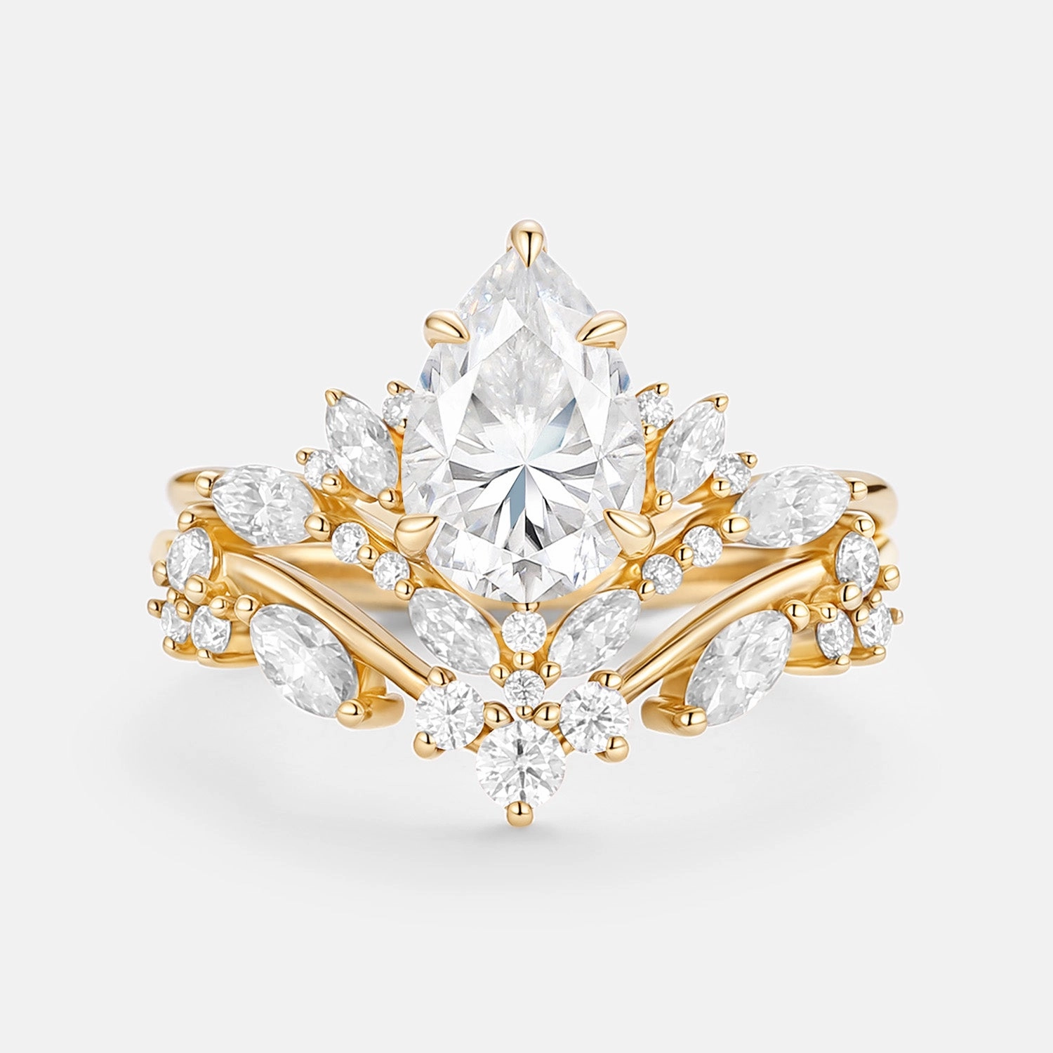 Pear Cut Moissanite Cluster Engagement Ring Set 2pcs - Nectar Trendy Item Collectible Jewelry