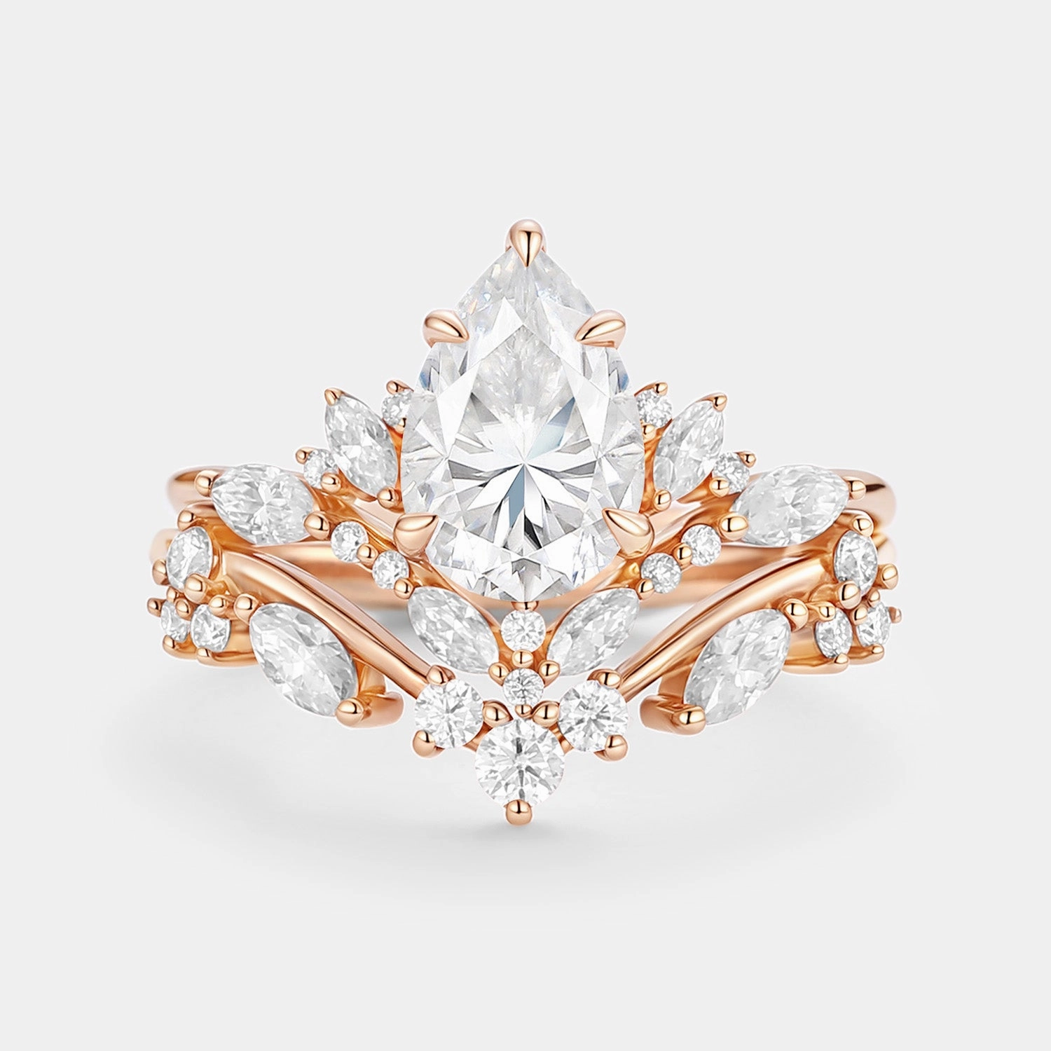 Pear Cut Moissanite Cluster Engagement Ring Set 2pcs - Nectar Flawless Style Graceful Look