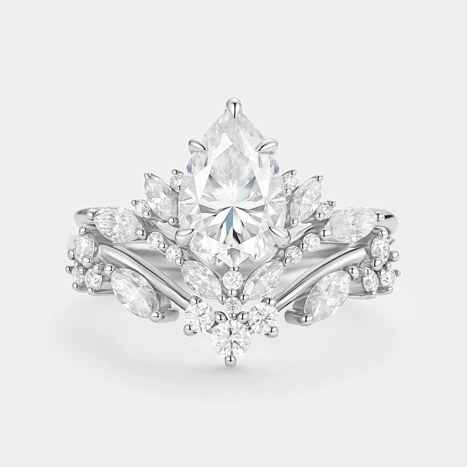 Pear Cut Moissanite Cluster Engagement Ring Set 2pcs - Nectar Fresh Statement Fine Detailing