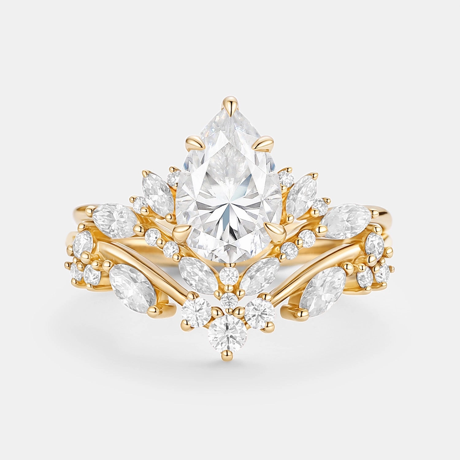 Pear Cut Moissanite Cluster Engagement Ring Set 2pcs - Nectar Vibrant Shine