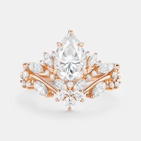 Pear Cut Moissanite Cluster Engagement Ring Set 2pcs - Nectar Flawless Style Graceful Look