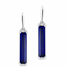 Layered Spark Versatile Style These 14K white gold bar earrings showcase 14x3mm baguette Chatham lab grown sapphires and lab grown diamond accents.