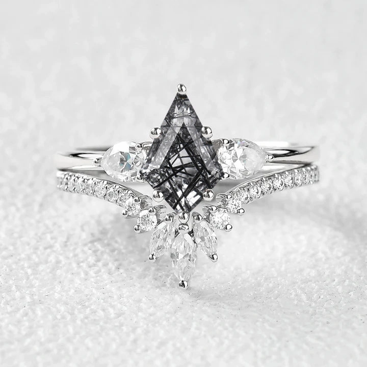 Glamorous Product Modern Object Three Pear Stone Black Rutilated Quartz Engagement Ring Sets 2pcs