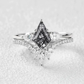 Wonderful Object Three Pear Stone Black Rutilated Quartz Engagement Ring Sets 2pcs