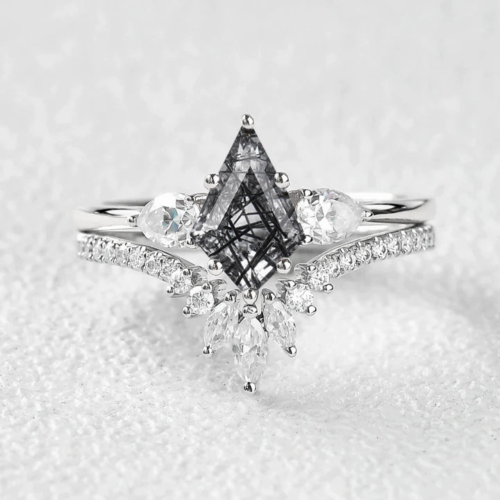 Wonderful Object Three Pear Stone Black Rutilated Quartz Engagement Ring Sets 2pcs