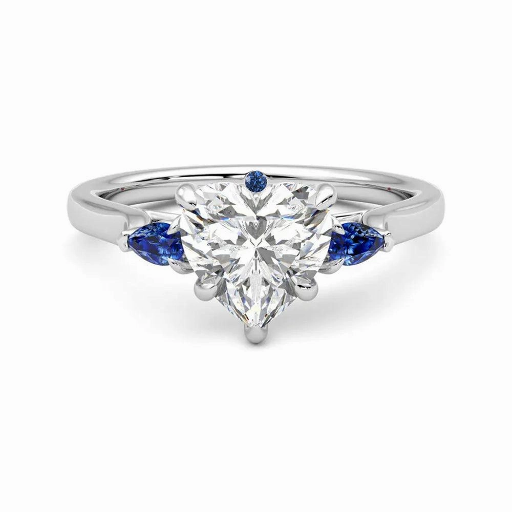 Lustrous Glow Shine Effect Three Stone Heart Shaped Moissanite Engagement Ring with Hidden Anniversary Stone Accent