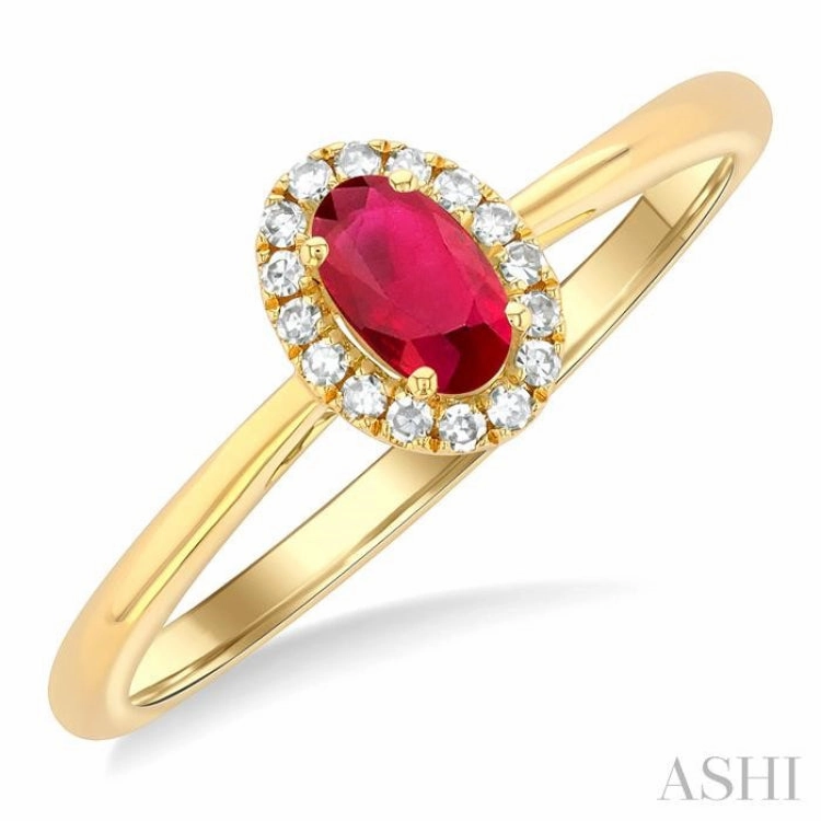 Chic Accessory 5x3 MM Oval Shape Ruby and 1/20 Ctw Single Cut Diamond Halo Precious Ring in 10K Yellow Gold