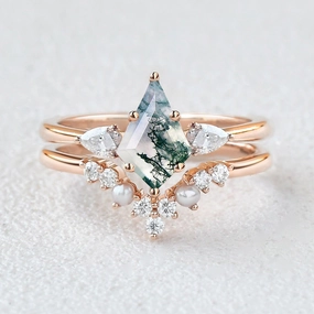 Luxury Pieces Kite Cut Moss Agate Pearl Stacking Engagement Ring Set 2pcs