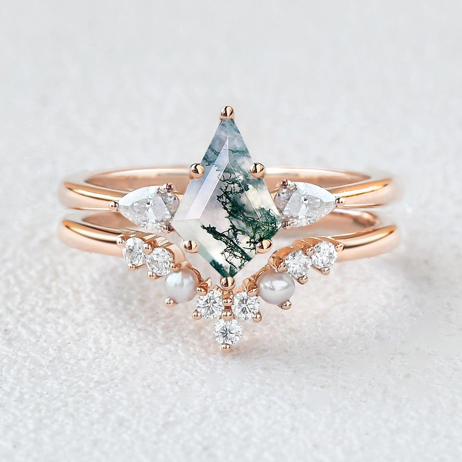 Kite Cut Moss Agate Pearl Stacking Engagement Ring Set 2pcs Artisan Item Classic Gift