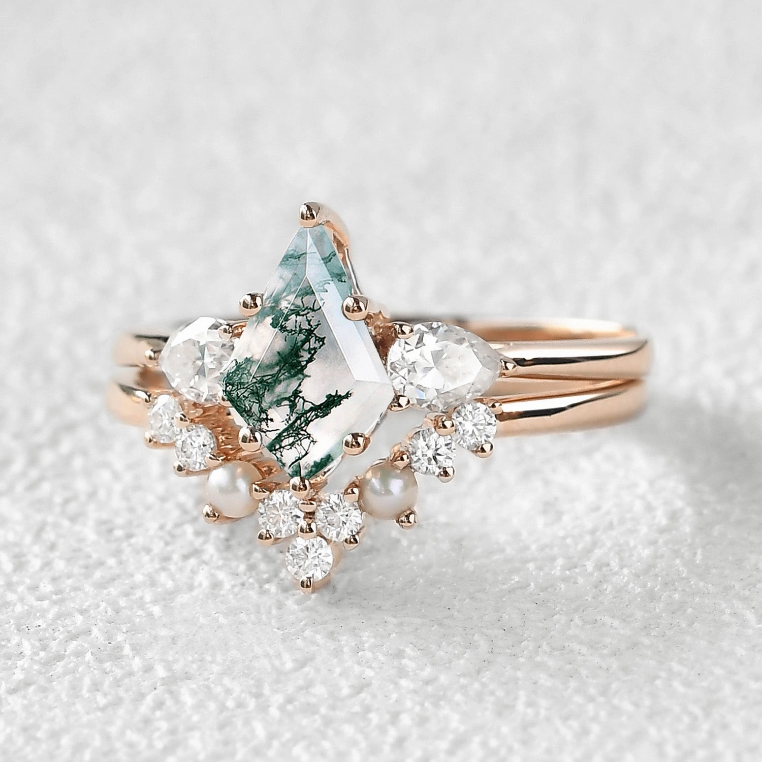 Kite Cut Moss Agate Pearl Stacking Engagement Ring Set 2pcs Vintage Bauble Romantic Style