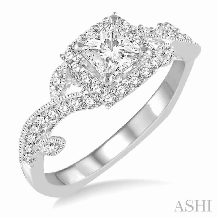 Ready to Wear 3/4 ctw Diamond Engagement Ring with 3/8 ct Princess Cut Center Stone in 14K White Gold