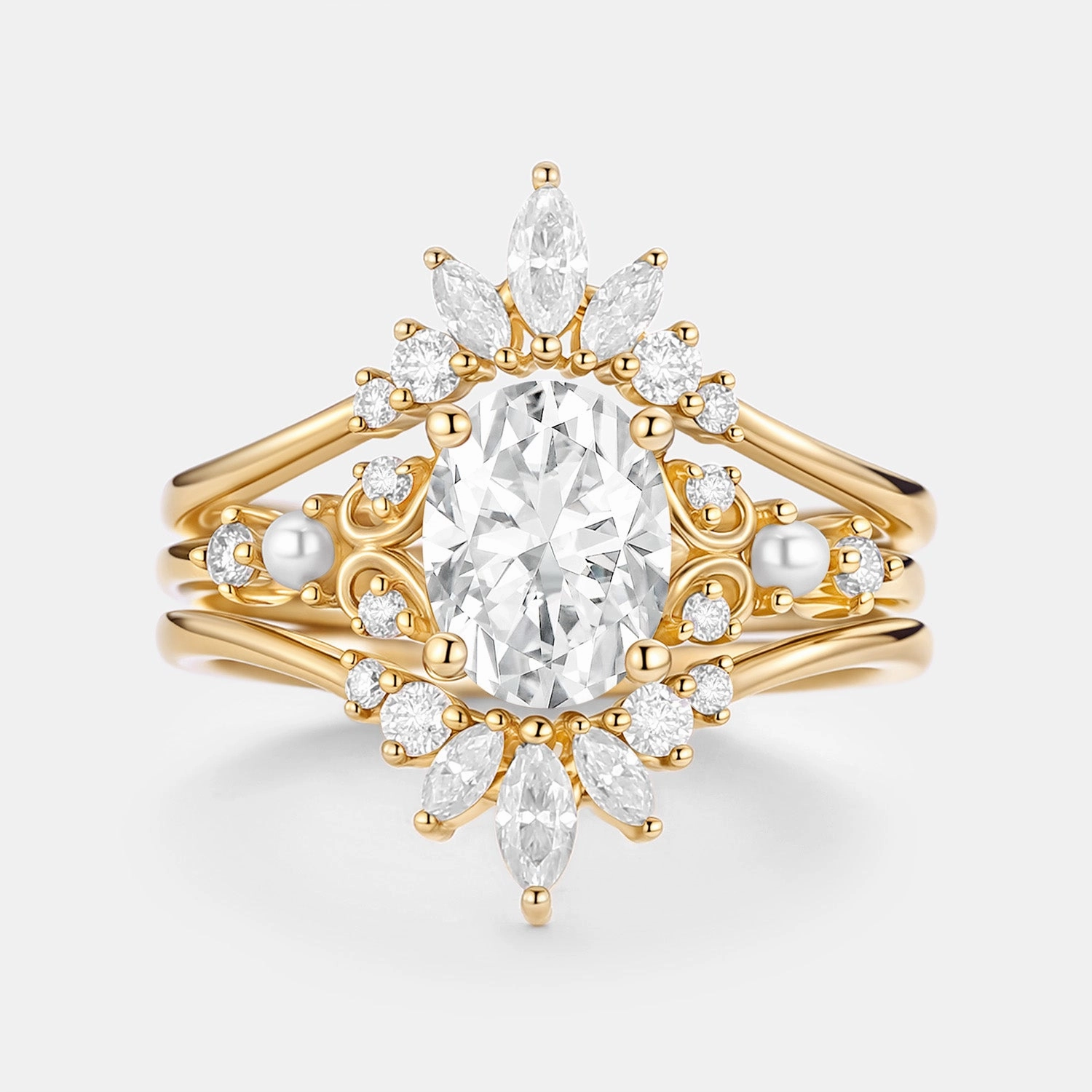 Unique Oval Cut Moissanite Engagement Ring Set 2pcs - Raye Vibe Piece Statement Look