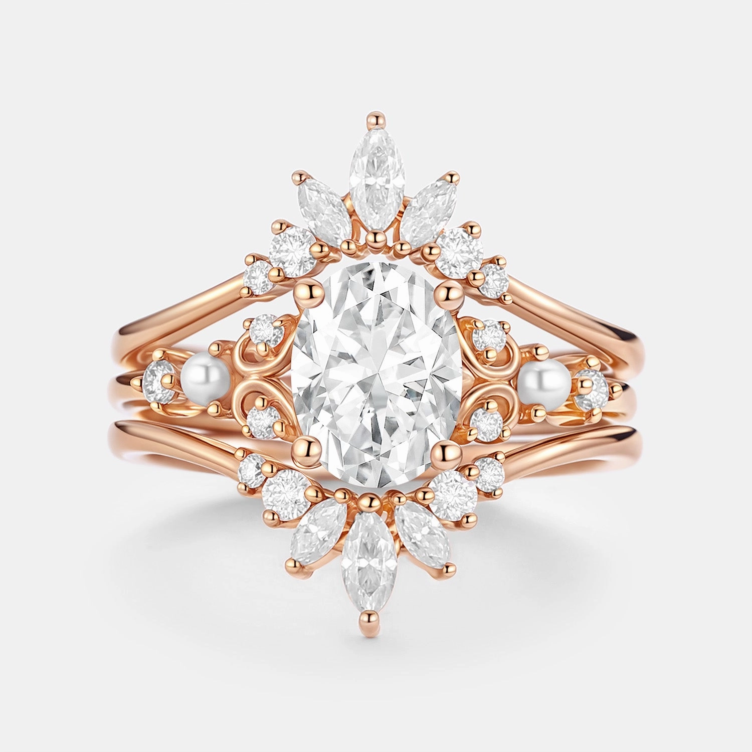 Unique Oval Cut Moissanite Engagement Ring Set 2pcs - Raye Shiny Pieces