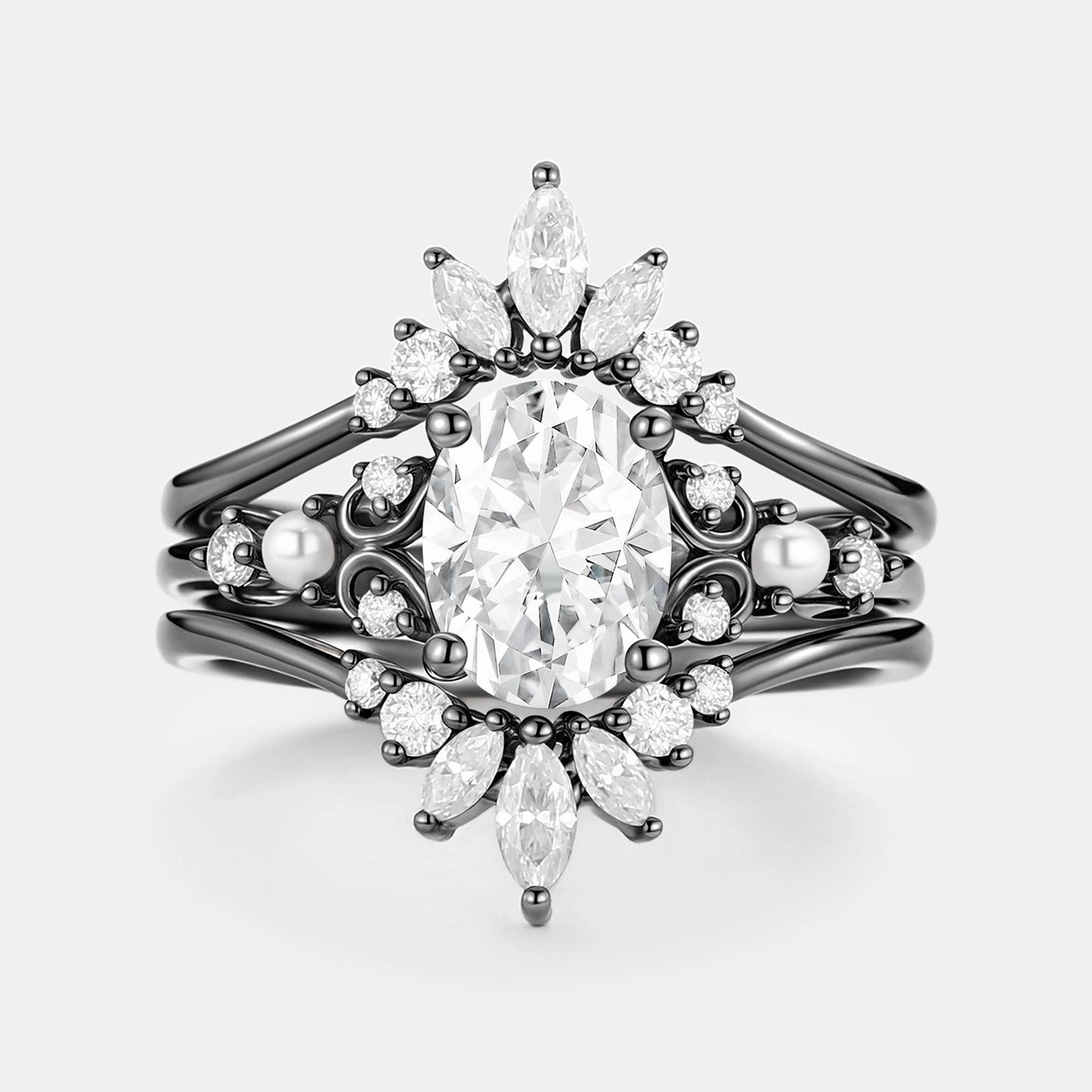 Signature Present Polished Look Unique Oval Cut Moissanite Engagement Ring Set 2pcs - Raye