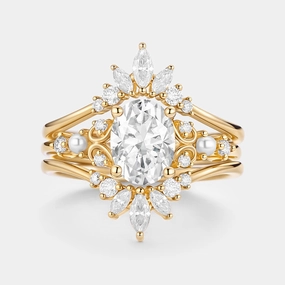 Delicate Craft Intricate Work Unique Oval Cut Moissanite Engagement Ring Set 2pcs - Raye