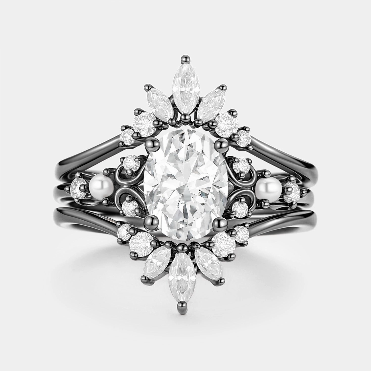 Radiant Finish Pieces Statement Shine Unique Oval Cut Moissanite Engagement Ring Set 2pcs - Raye