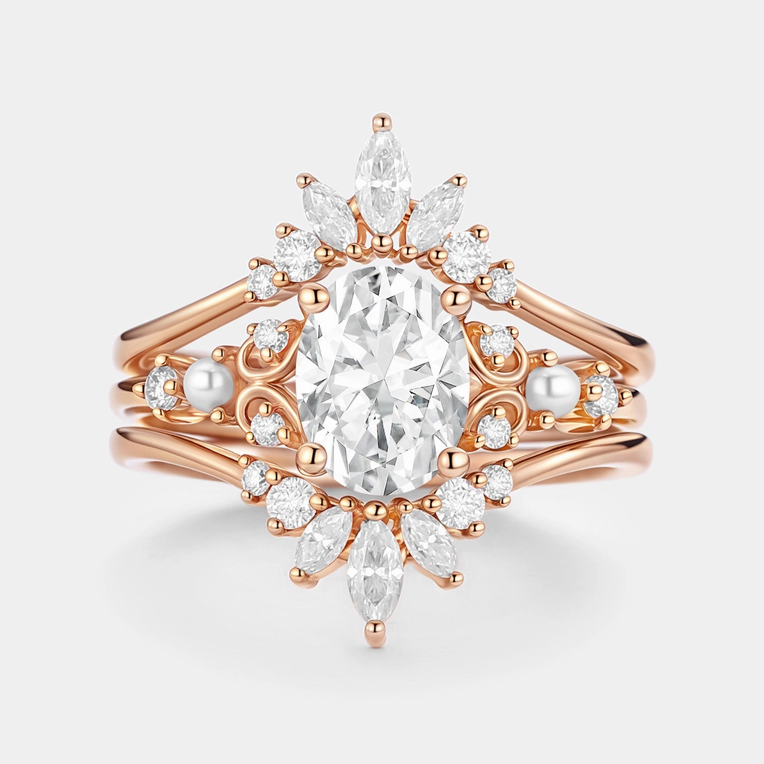 Unique Oval Cut Moissanite Engagement Ring Set 2pcs - Raye Cultural Touch Party Finish