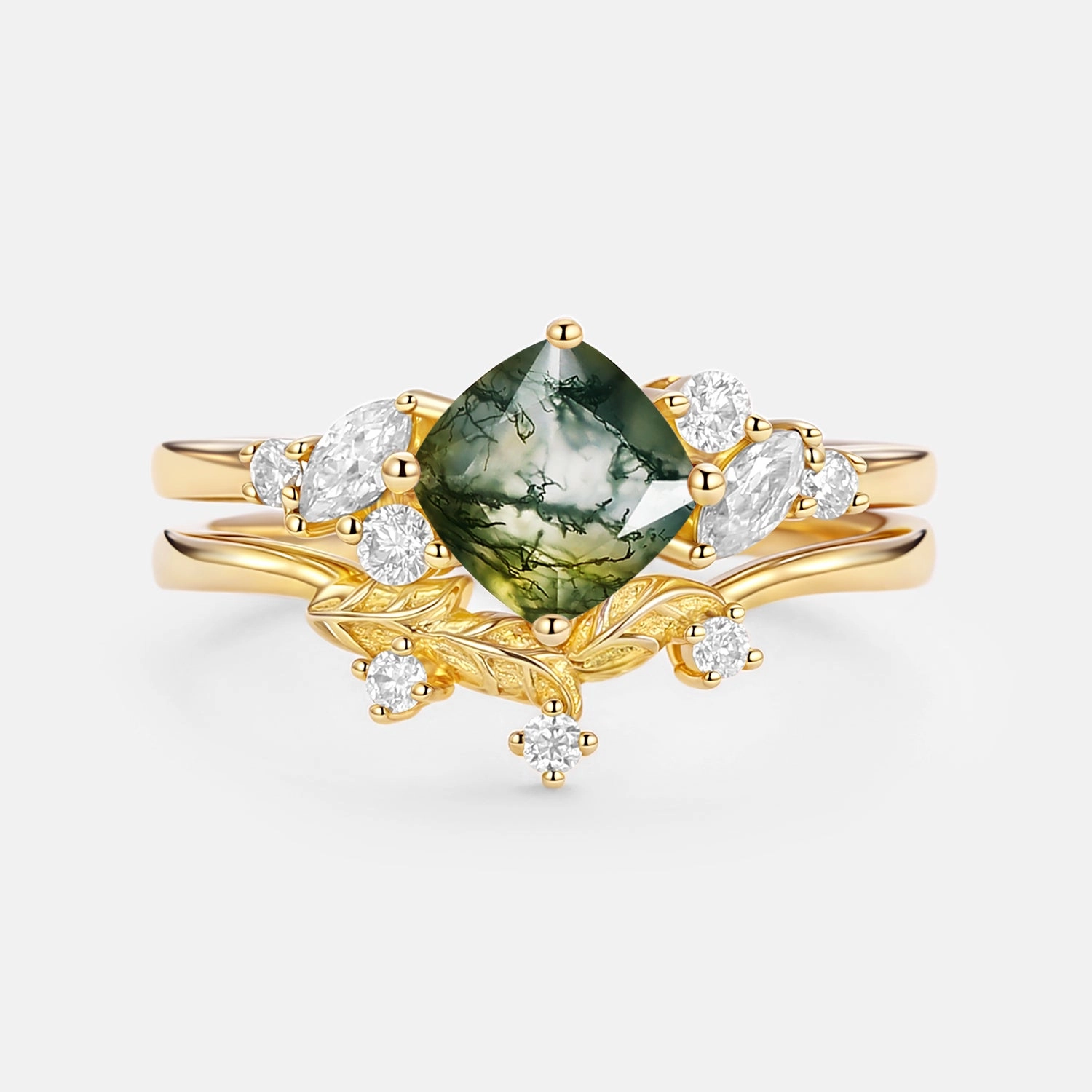 Moss Agate Cushion Cut Engagement Ring Set 2pcs - Glen Lightweight Decoration Smooth Surface