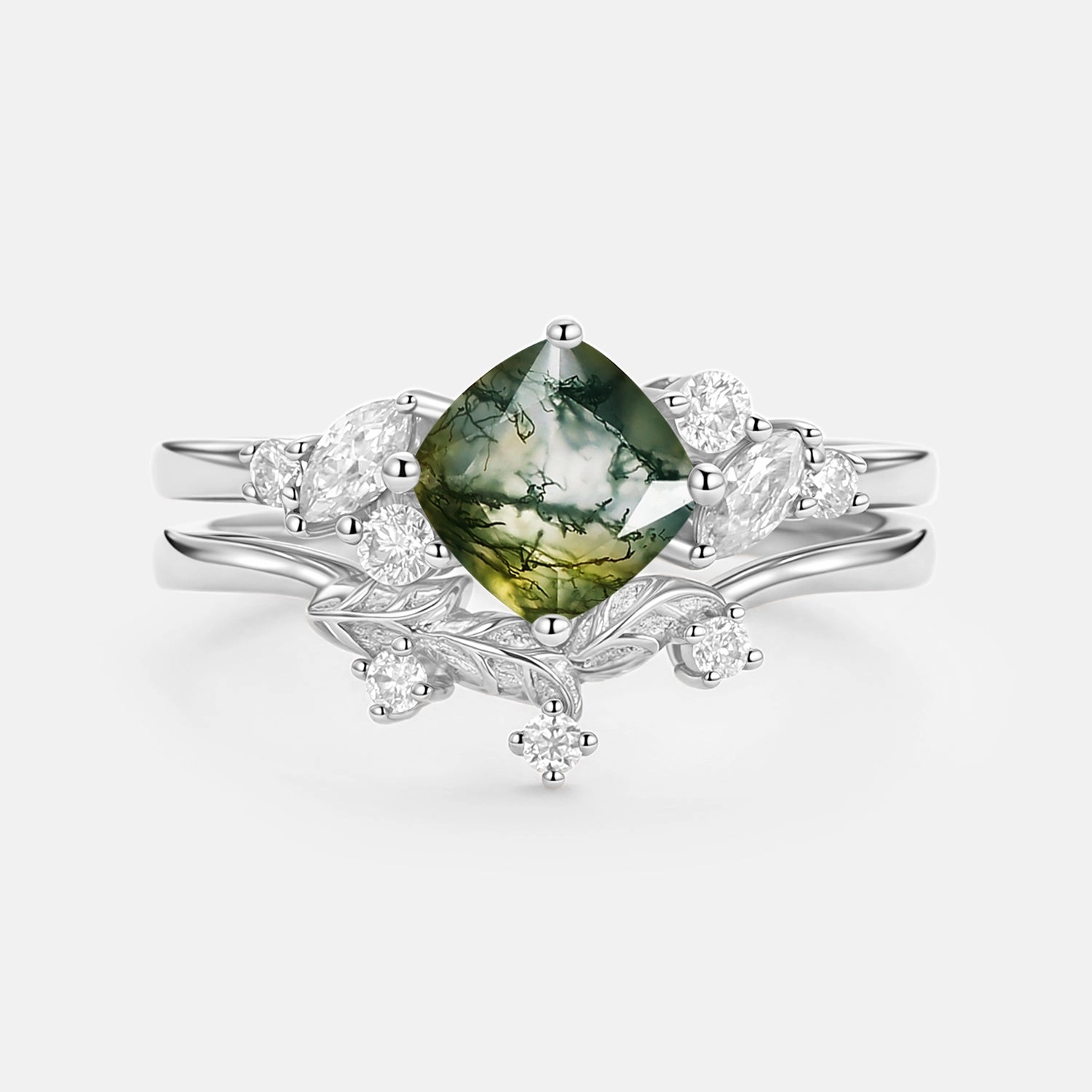 Moss Agate Cushion Cut Engagement Ring Set 2pcs - Glen Structured Design