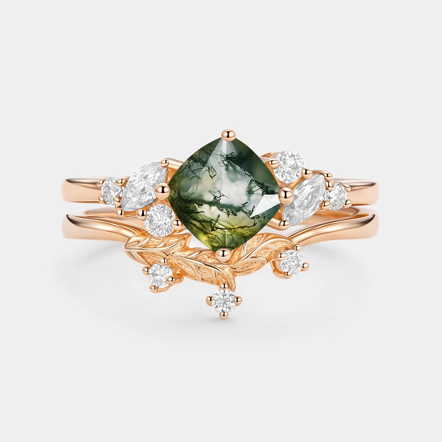 Moss Agate Cushion Cut Engagement Ring Set 2pcs - Glen Elegant Shine Design