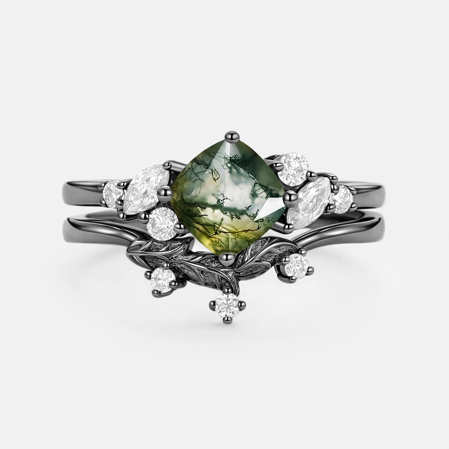 Moss Agate Cushion Cut Engagement Ring Set 2pcs - Glen Subtle Accent Glossy Detail