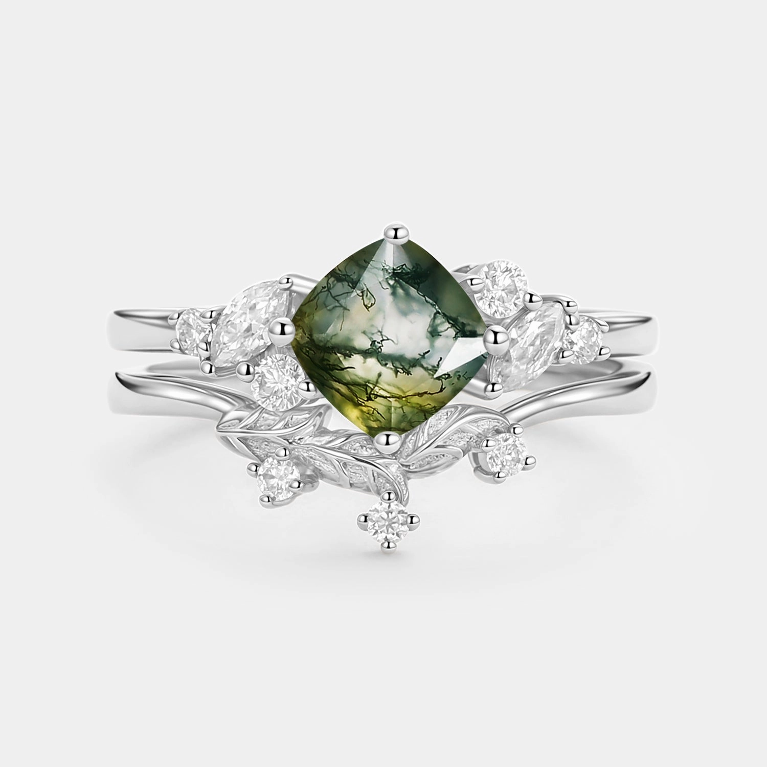 Moss Agate Cushion Cut Engagement Ring Set 2pcs - Glen Minimalist Choice Elegant Choice