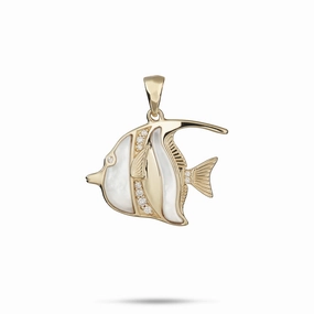 Elegant Craft Sealife Angelfish Mother of Pearl Pendant in Gold with Diamonds - 23mm