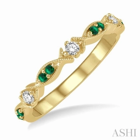 1.35 MM Round Cut Green Emerald and 1/10 Ctw Round Cut Diamond Precious Half Eternity Wedding Band in 14K Yellow Gold Elegant Symbol