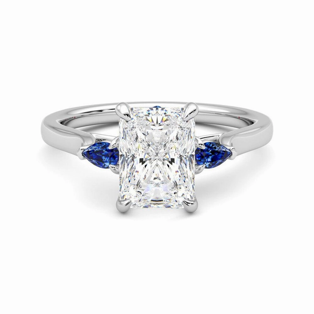 Three Stone Radiant Cut Moissanite Engagement Ring with Hidden Anniversary Stone Accent Unique Treasures