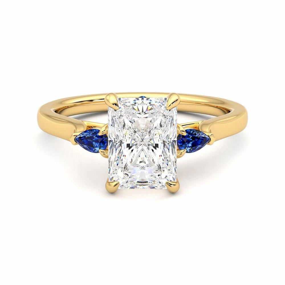 Three Stone Radiant Cut Moissanite Engagement Ring with Hidden Anniversary Stone Accent Artistic Edge Daily Style