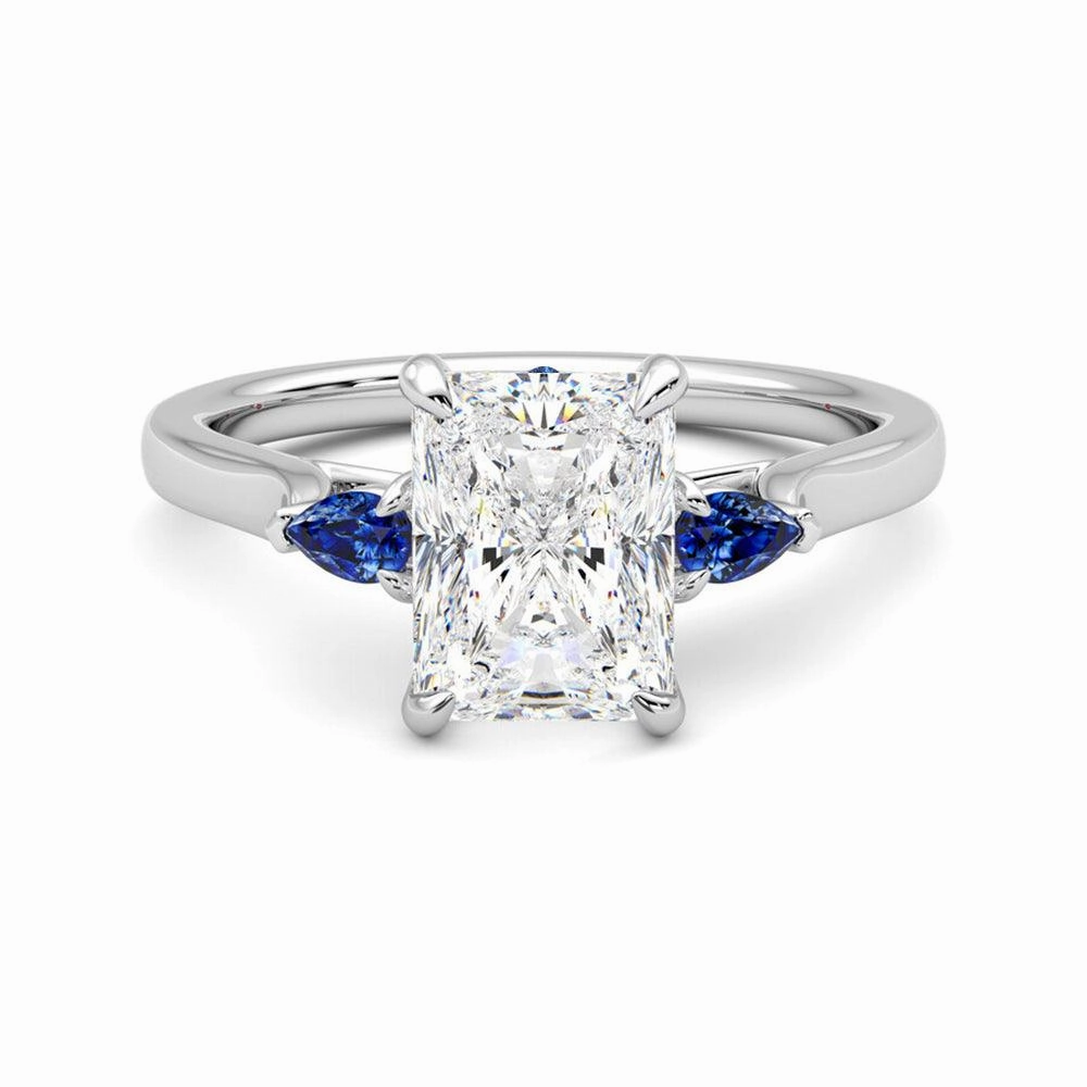 Three Stone Radiant Cut Moissanite Engagement Ring with Hidden Anniversary Stone Accent Spark Touch