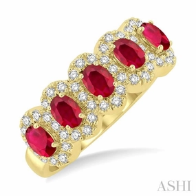 4x3 MM Oval Cut Ruby and 1/3 Ctw Round Cut Diamond Precious Wedding Band in 14K Yellow Gold Material Thing High-Quality Style