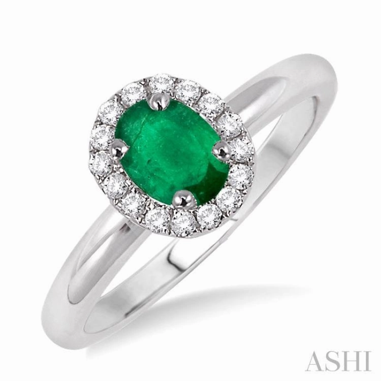 6x4 MM Oval Shape Emerald and 1/6 Ctw Round Cut Diamond Precious Ring in 14K White Gold Modern Creation