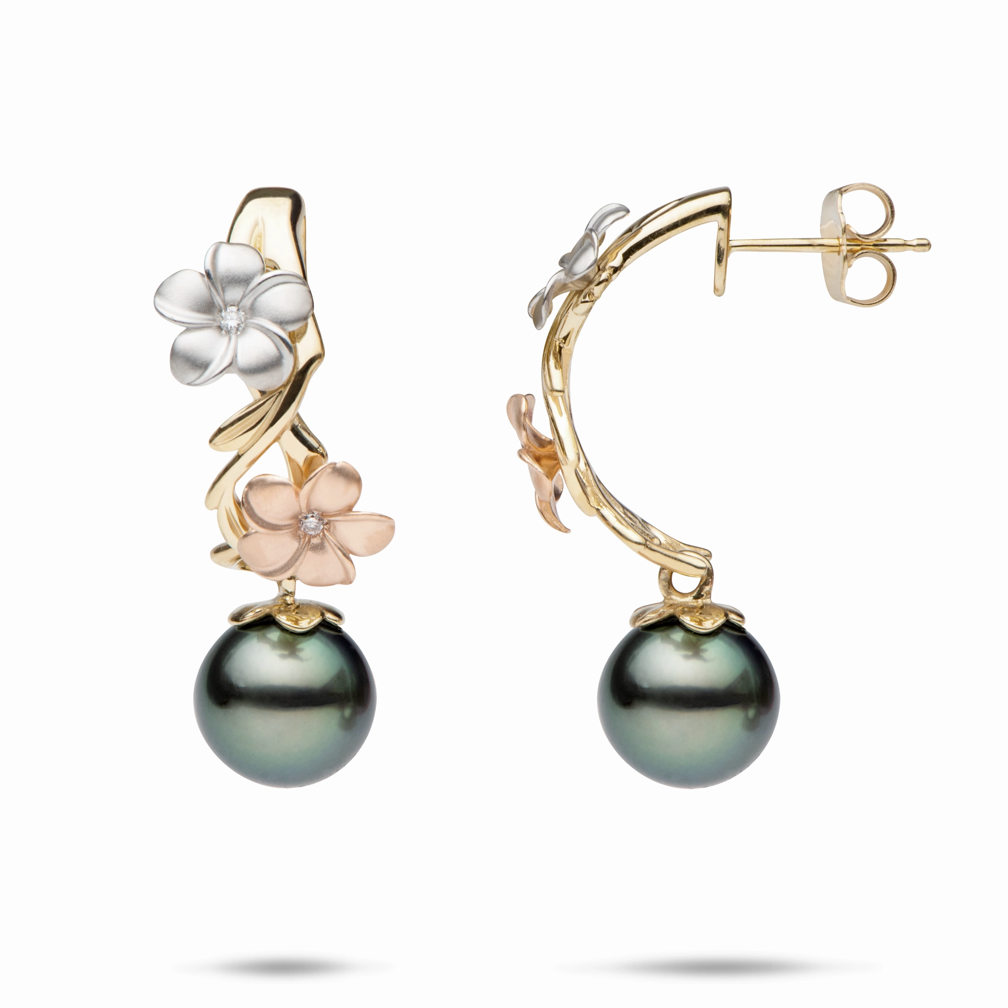 Pearls in Bloom Plumeria Tahitian Black Pearl Earrings in Tri Color Gold with Diamonds - 23mm Natural Look Handmade Shine
