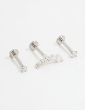 Titanium Cubic Zirconia & Ball Flat Back Studs 3-Pack Finest Finish