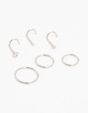 Glittering Sparkle Titanium Fine Graduating Nose Stud & Ring 6-Pack
