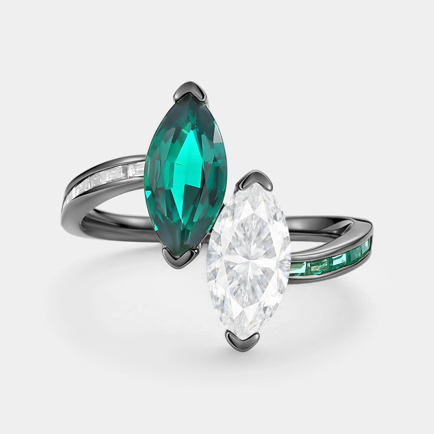 Classic Article Medieval Design Toi Et Moi Lab Emerald & Moissanite Engagement Ring - Dyad
