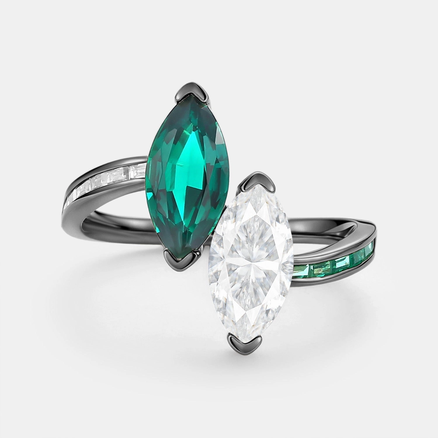 Toi Et Moi Lab Emerald & Moissanite Engagement Ring - Dyad Bold Layering