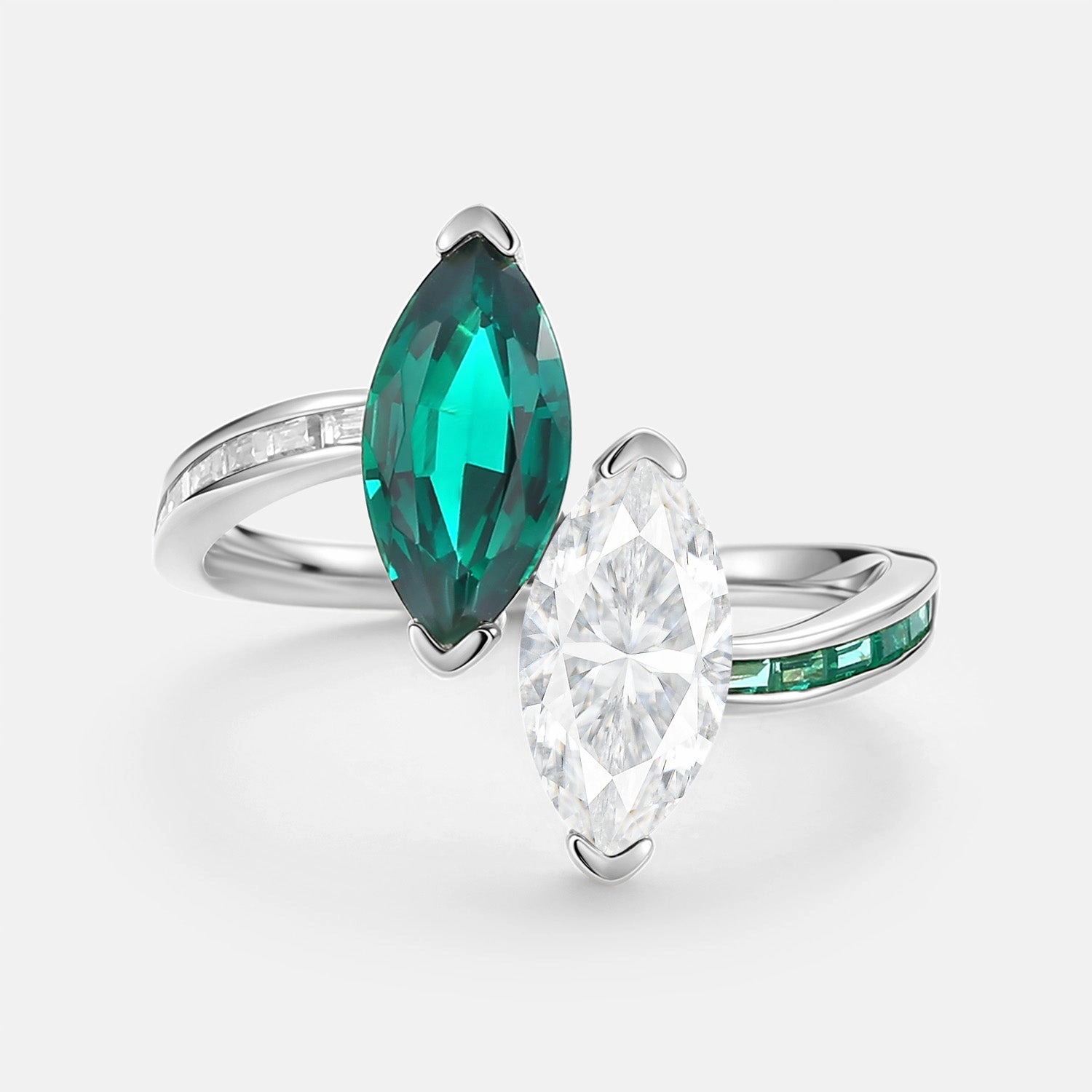Toi Et Moi Lab Emerald & Moissanite Engagement Ring - Dyad Minimalist Choice