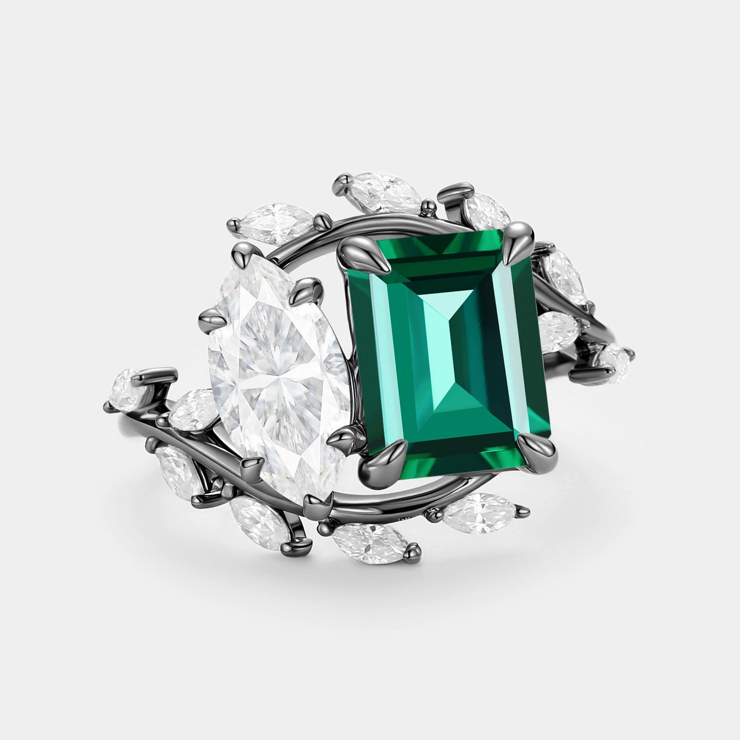 Vogue Style Handcrafted Detail Toi Et Moi Lab Emerald & Moissanite Engagement Ring - Gemella