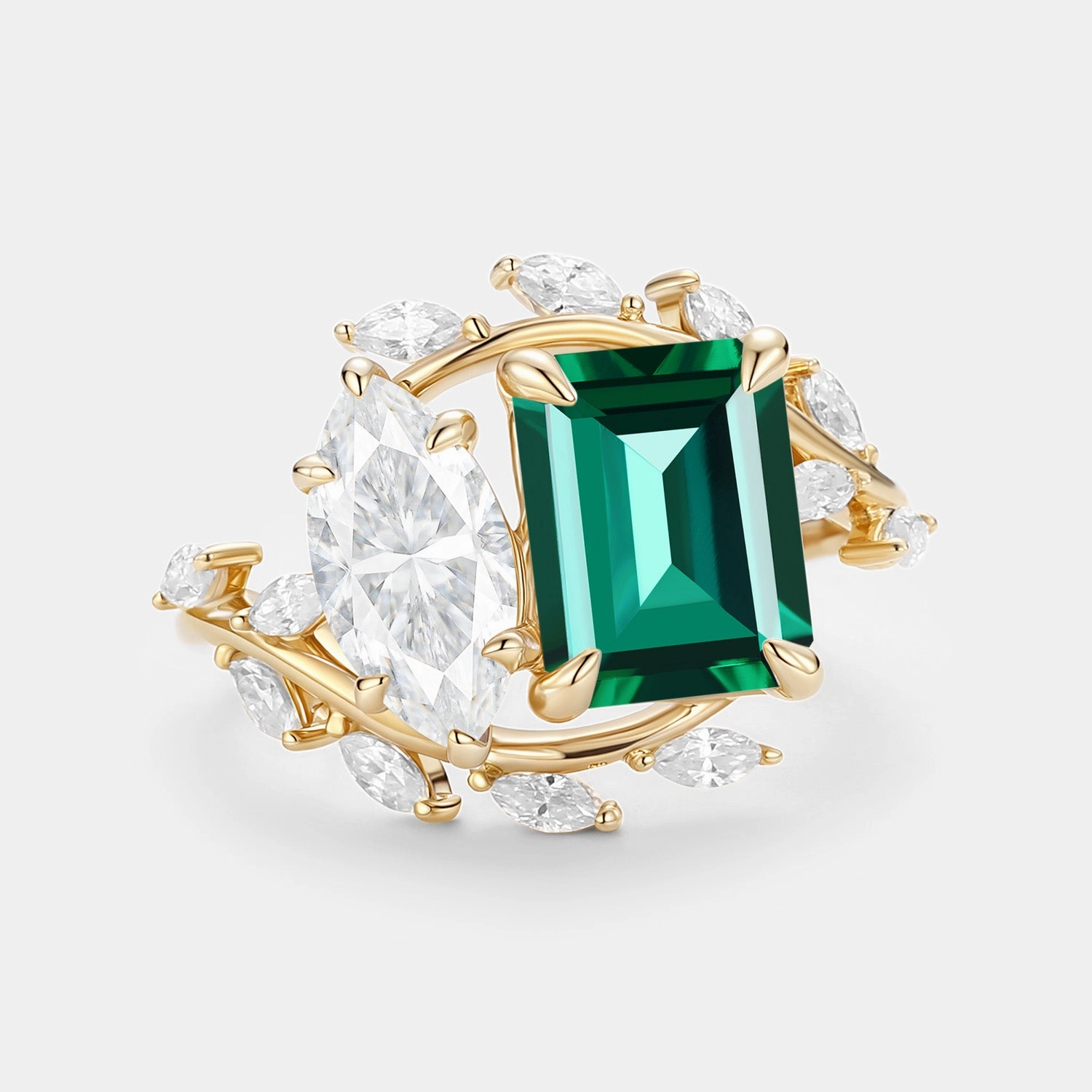 Soft Tone Cozy Detail Toi Et Moi Lab Emerald & Moissanite Engagement Ring - Gemella
