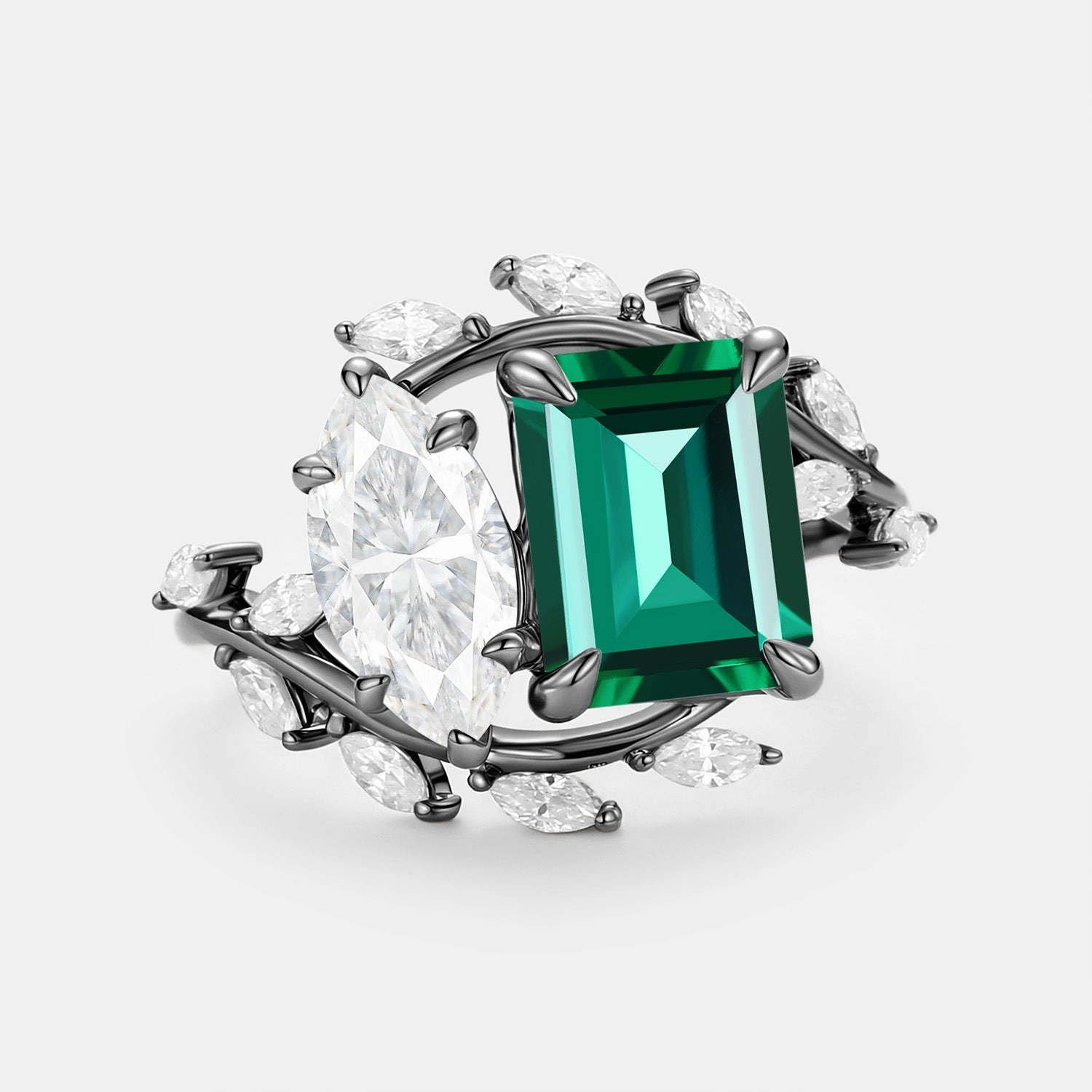 Toi Et Moi Lab Emerald & Moissanite Engagement Ring - Gemella Display Model Classic Craft
