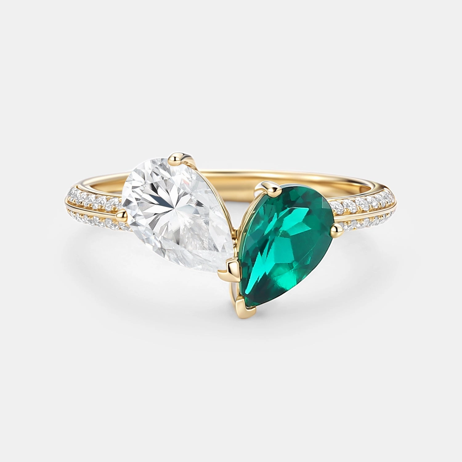 Toi Et Moi Lab Emerald & Moissanite Engagement Ring Gleaming Detail Alluring Shine