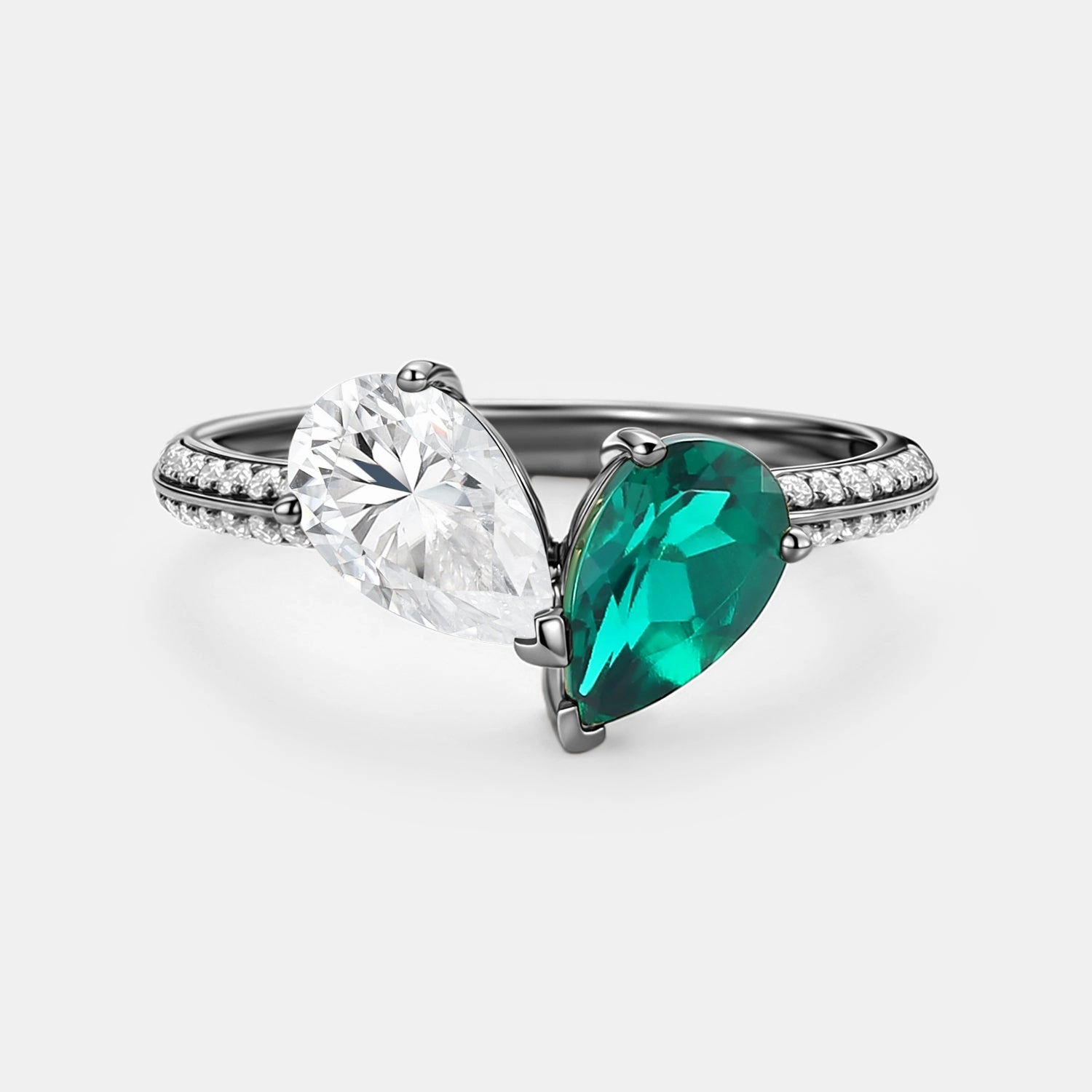 Seasonal Gift Artistic Art Toi Et Moi Lab Emerald & Moissanite Engagement Ring