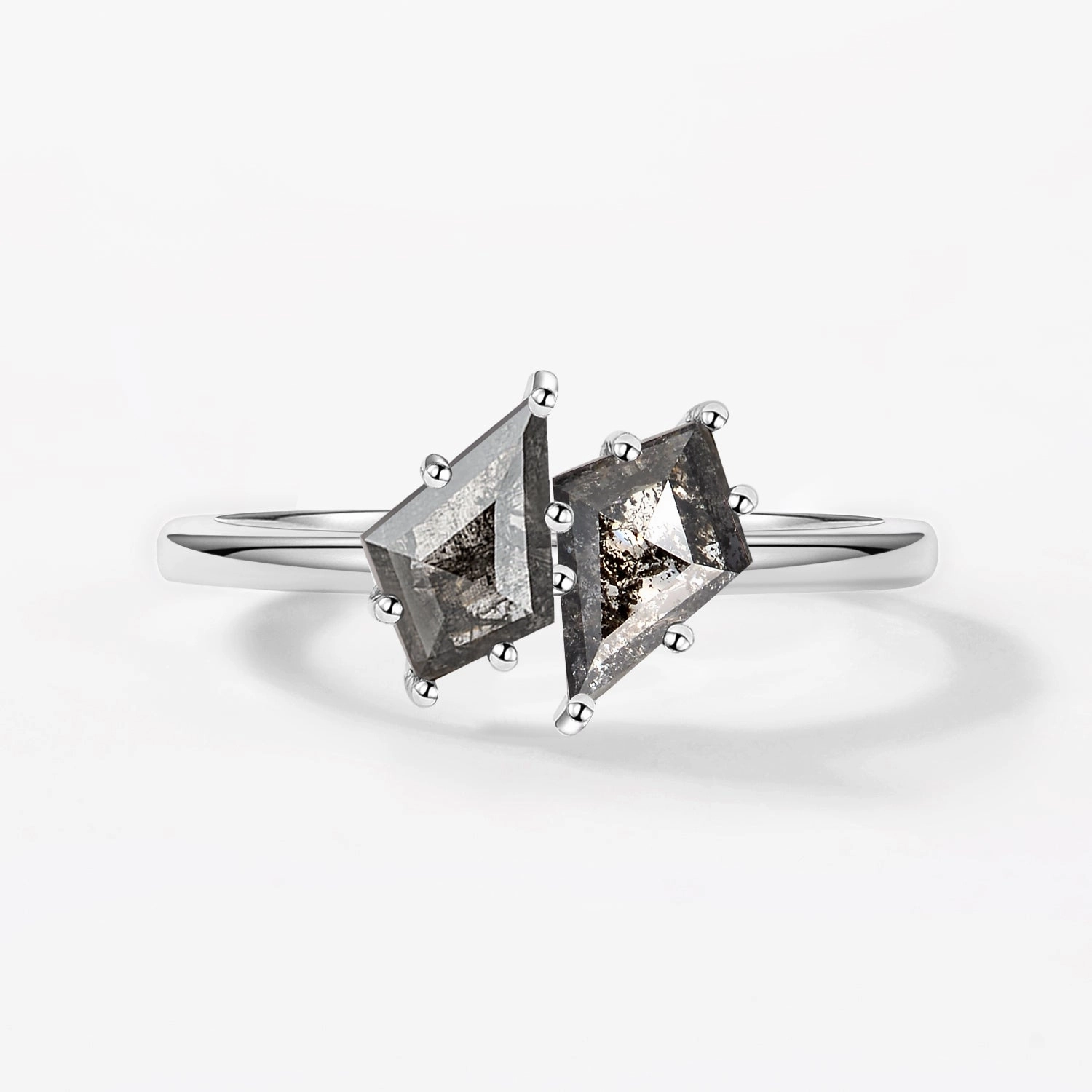 Toi Et Moi Salt and Pepper Diamonds Kite Cut Two Stone Engagement Ring Vintage feel